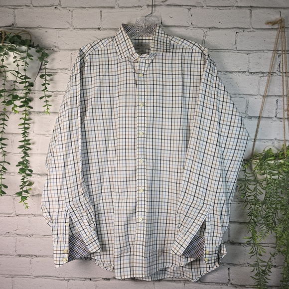 Thomas Dean Men's Checkered Long SL Button-Down Shirt - Blue Brown White Lg M179 - Picture 4 of 7